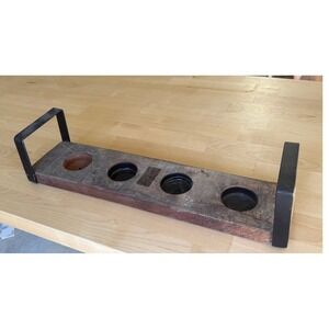 Rustic Wood Candle Holder 4 Votive Tray w/ Metal Handles Farmhouse Chic Decor